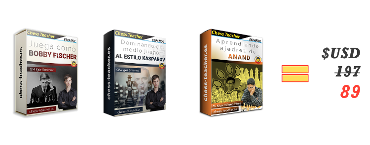 Cursos de la Academia de Ajedrez a Distancia: Juega como Fischer + Dominando el medio juego al estilo Kasparov + Aprendiendo ajedrez de Anand